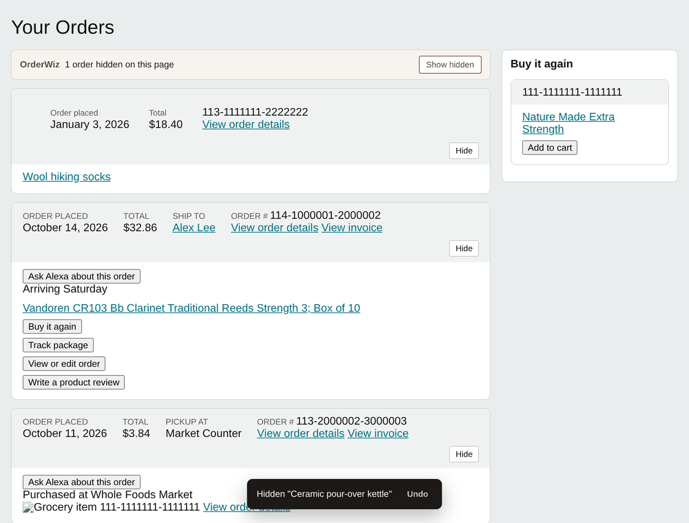 Sample order list after hiding one order: an OrderWiz banner says 1 order hidden on this page with a Show hidden button, and a toast offers Undo.