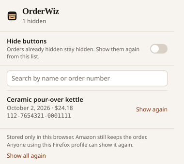 OrderWiz toolbar list showing one hidden order with Show again, plus Show all again.